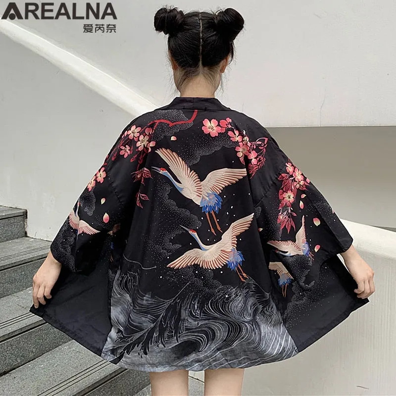 Haori Hombre Anime Kimono Women Summer Lucky Cat Cardigan Blouse Japanese Traditional Beach Sunscreen Yukata with Belt Surblouse