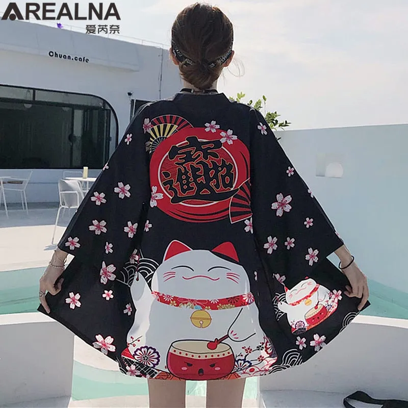 Haori Hombre Anime Kimono Women Summer Lucky Cat Cardigan Blouse Japanese Traditional Beach Sunscreen Yukata with Belt Surblouse