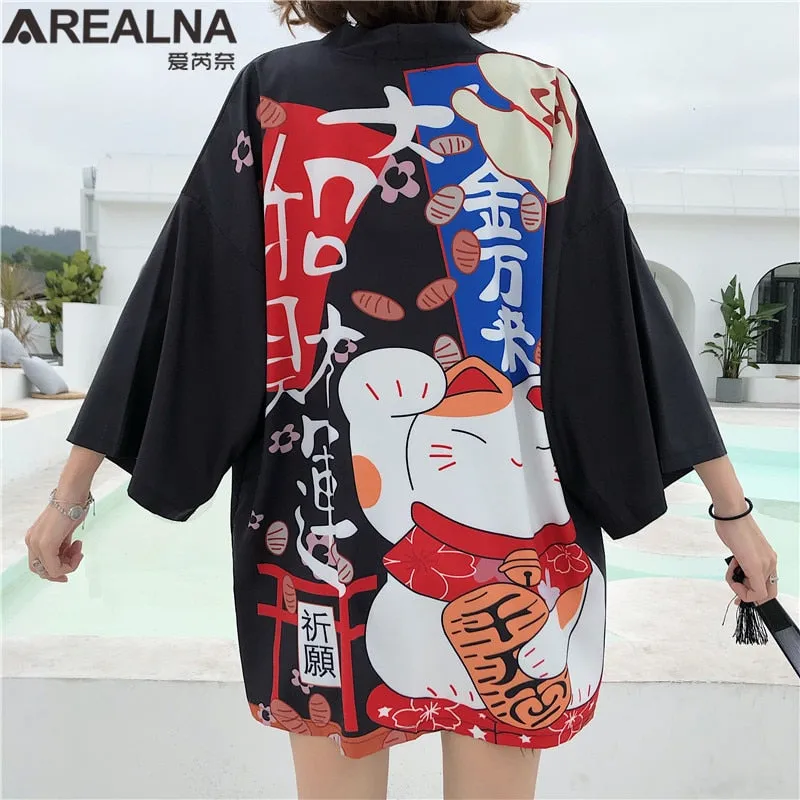 Haori Hombre Anime Kimono Women Summer Lucky Cat Cardigan Blouse Japanese Traditional Beach Sunscreen Yukata with Belt Surblouse