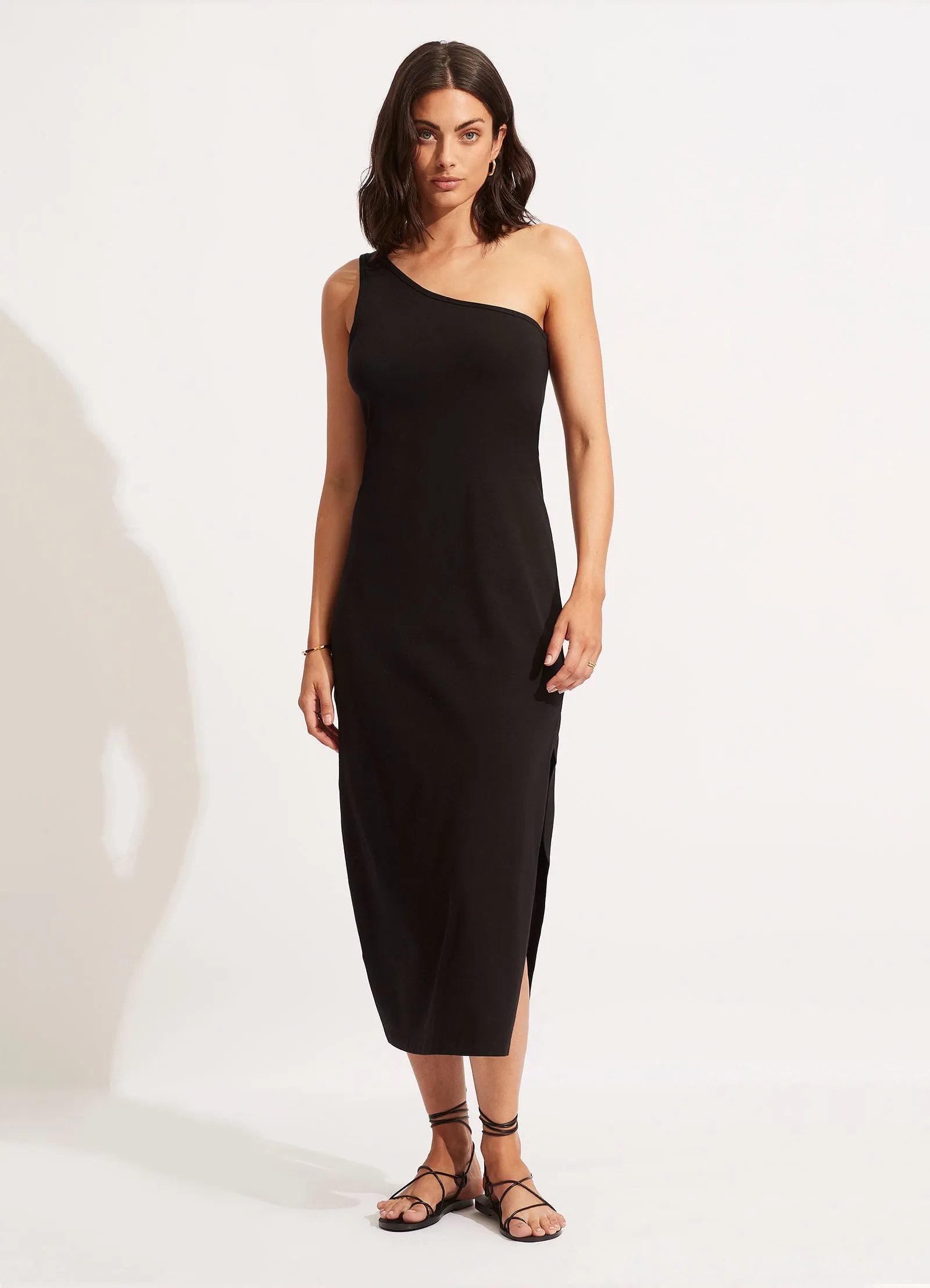 Jersey One Shoulder Midi Dress - Black