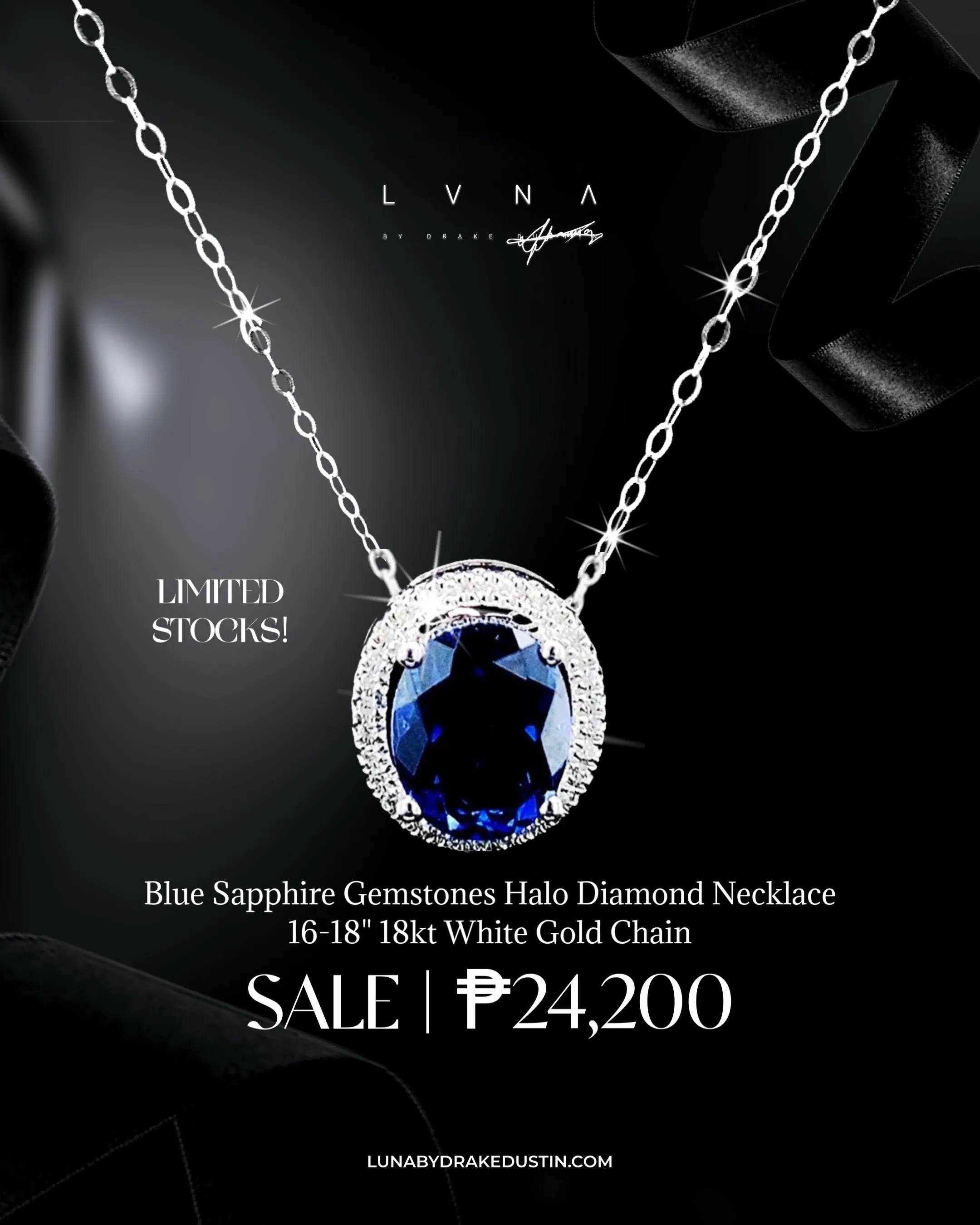 #LoveLVNA | Blue Sapphire Gemstones Halo Diamond Necklace 16-18" 18kt