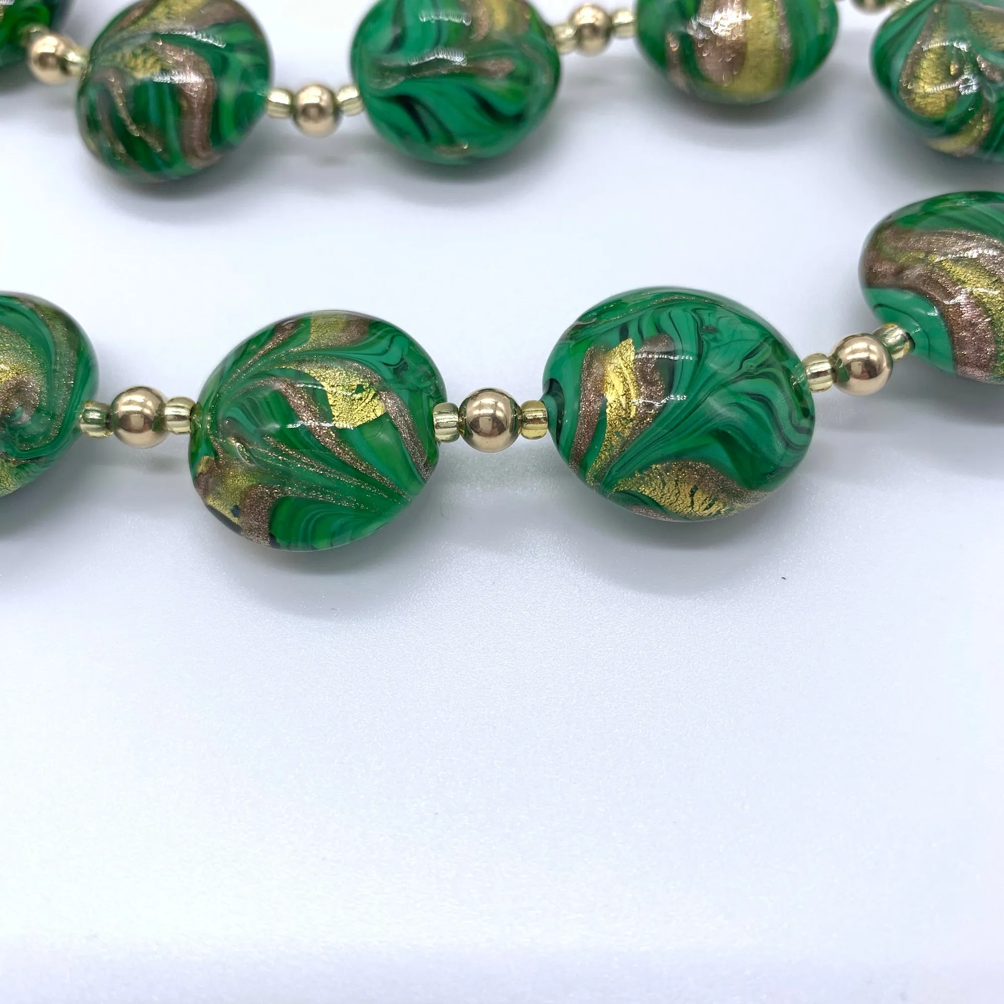 Necklace with byzantine green and gold Murano glass medium lentil beads on gold