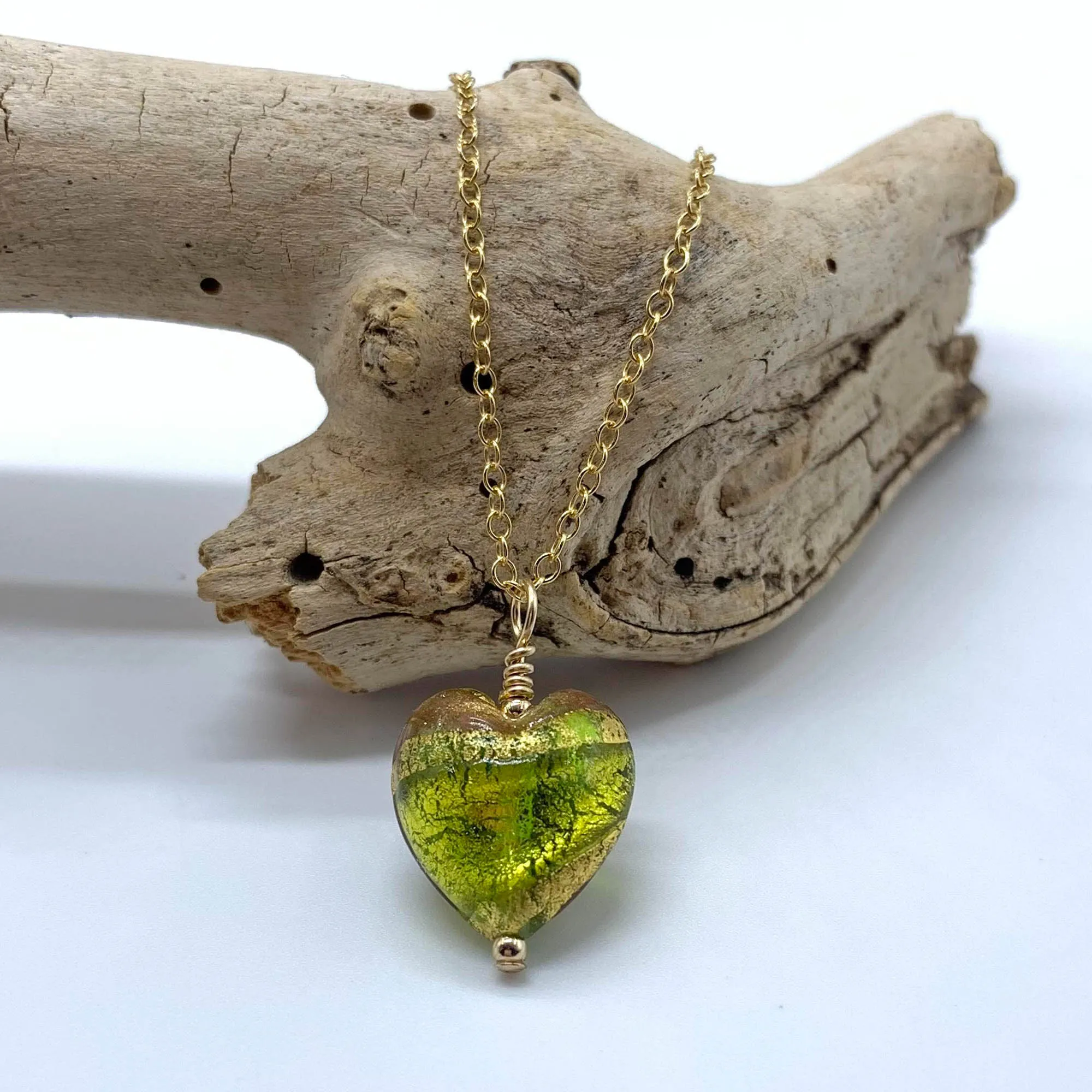 Necklace with green, gold, aventurine Murano glass small heart pendant on gold chain