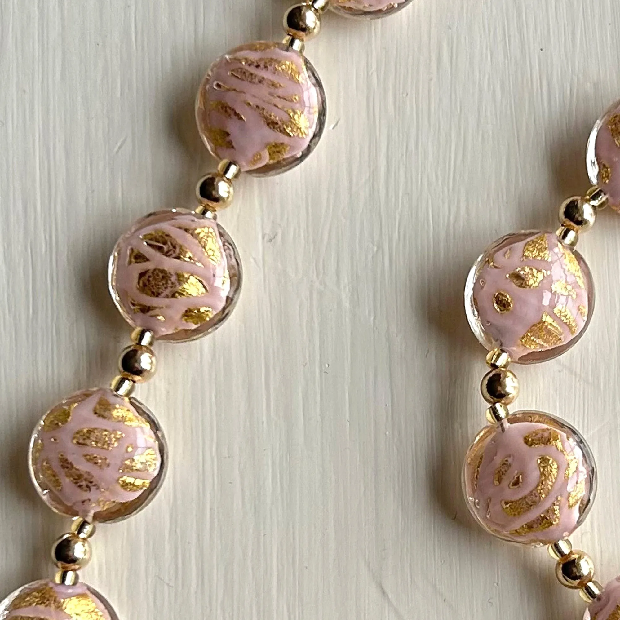 Necklace with pink pastel graffiti and gold Murano glass medium lentil beads on gold