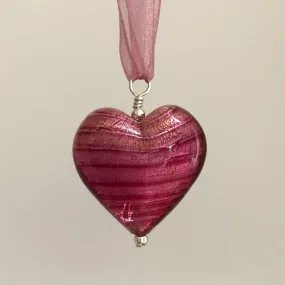 Necklace with rose pink (cerise) Murano glass large heart pendant on organza ribbon