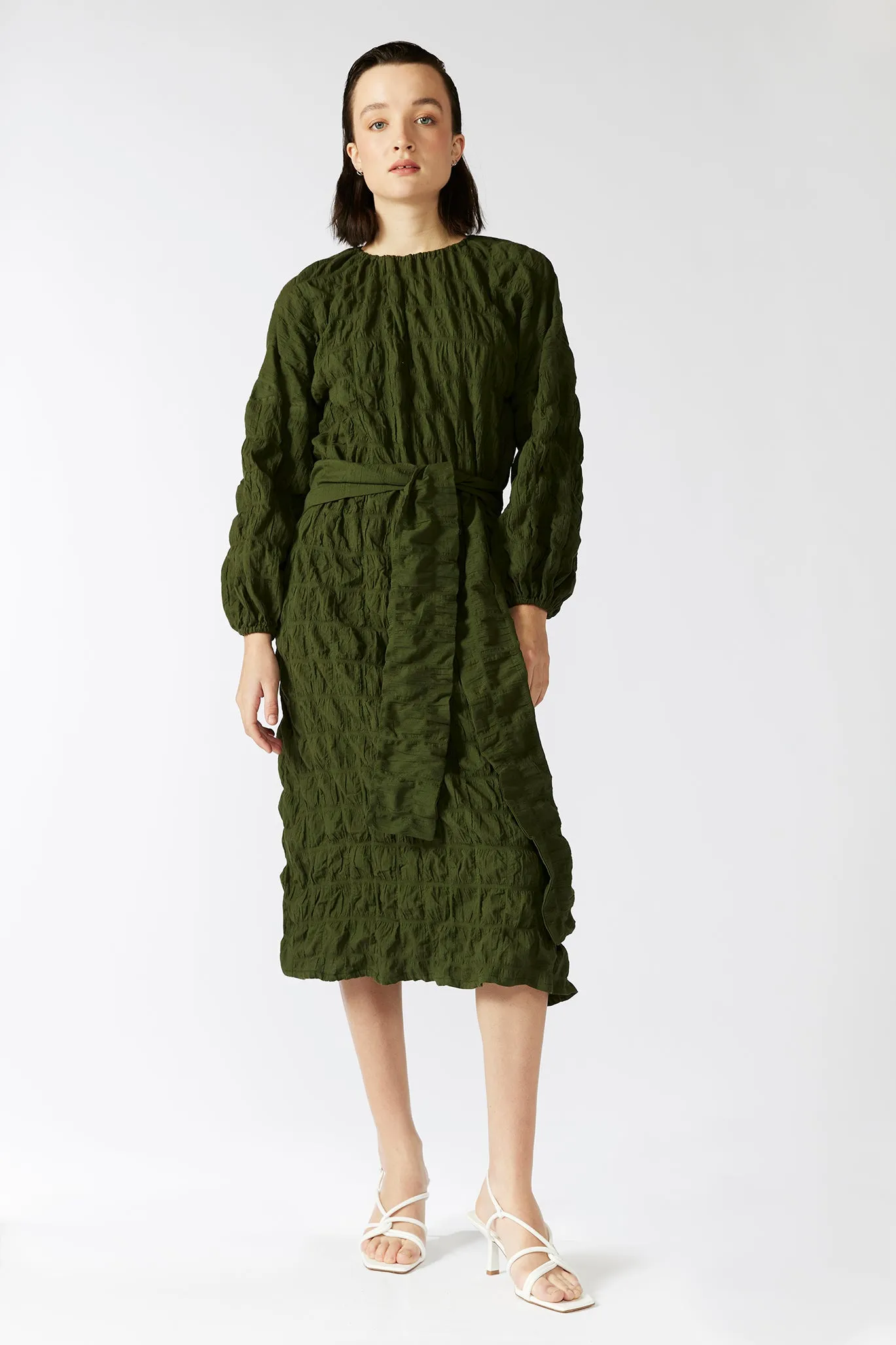 PHILODENDRON DRESS [ Green Cotton, Long Sleeves ]