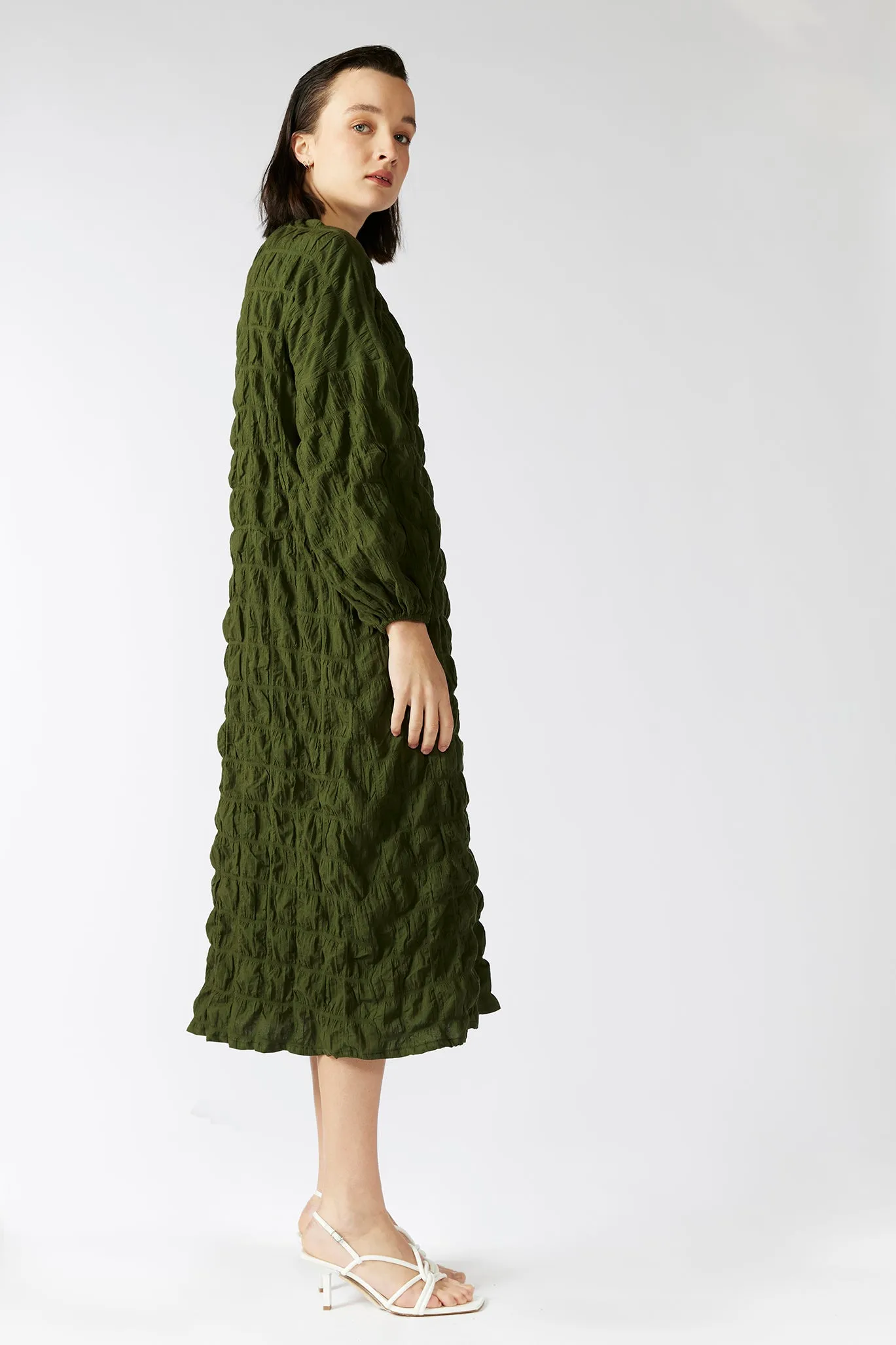 PHILODENDRON DRESS [ Green Cotton, Long Sleeves ]