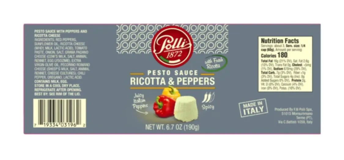 POLLI - PESTO SAUCE RICOTTA CHEESE & PEPPERS  - 6.7 OZ (Case of 12-Jars )