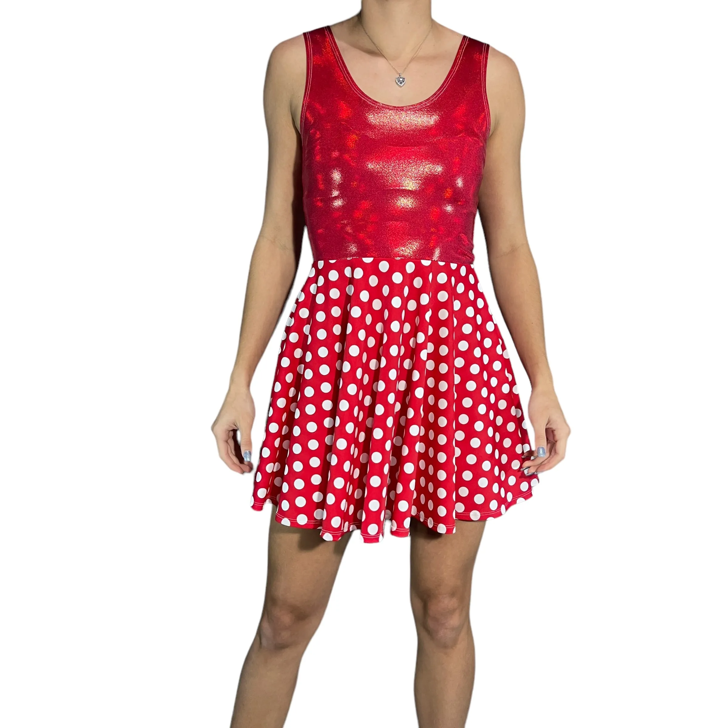 Red & White Polka Dot w/ Red Sparkle Skater Dress | Minnie Spandex Dress