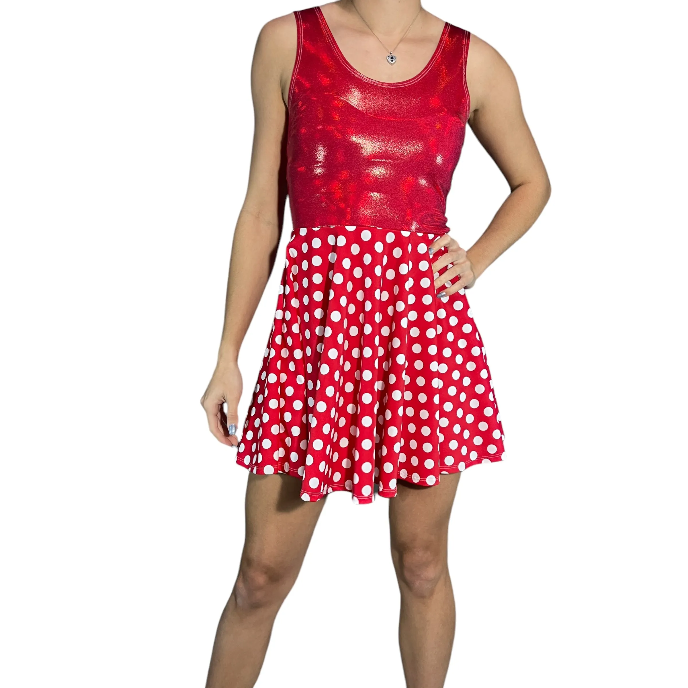 Red & White Polka Dot w/ Red Sparkle Skater Dress | Minnie Spandex Dress