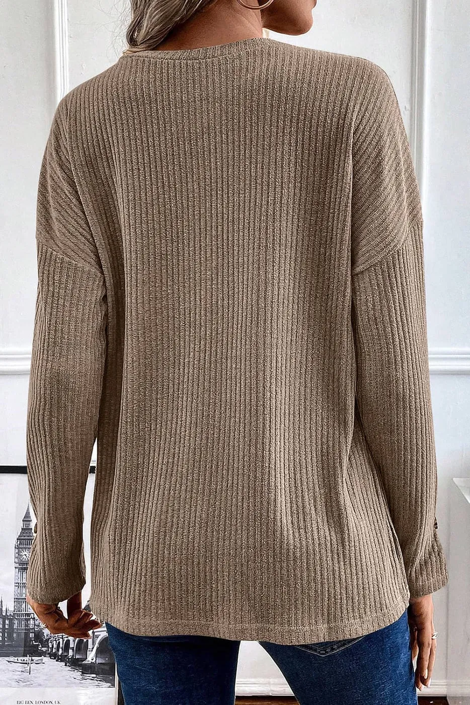 Shiying Ribbed Texture Knit Henley Top