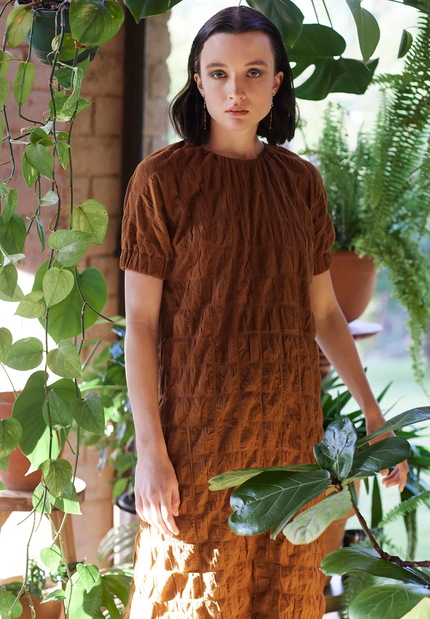 TERRACOTTA DRESS [ Burnt Orange Cotton, Short Sleeves ]