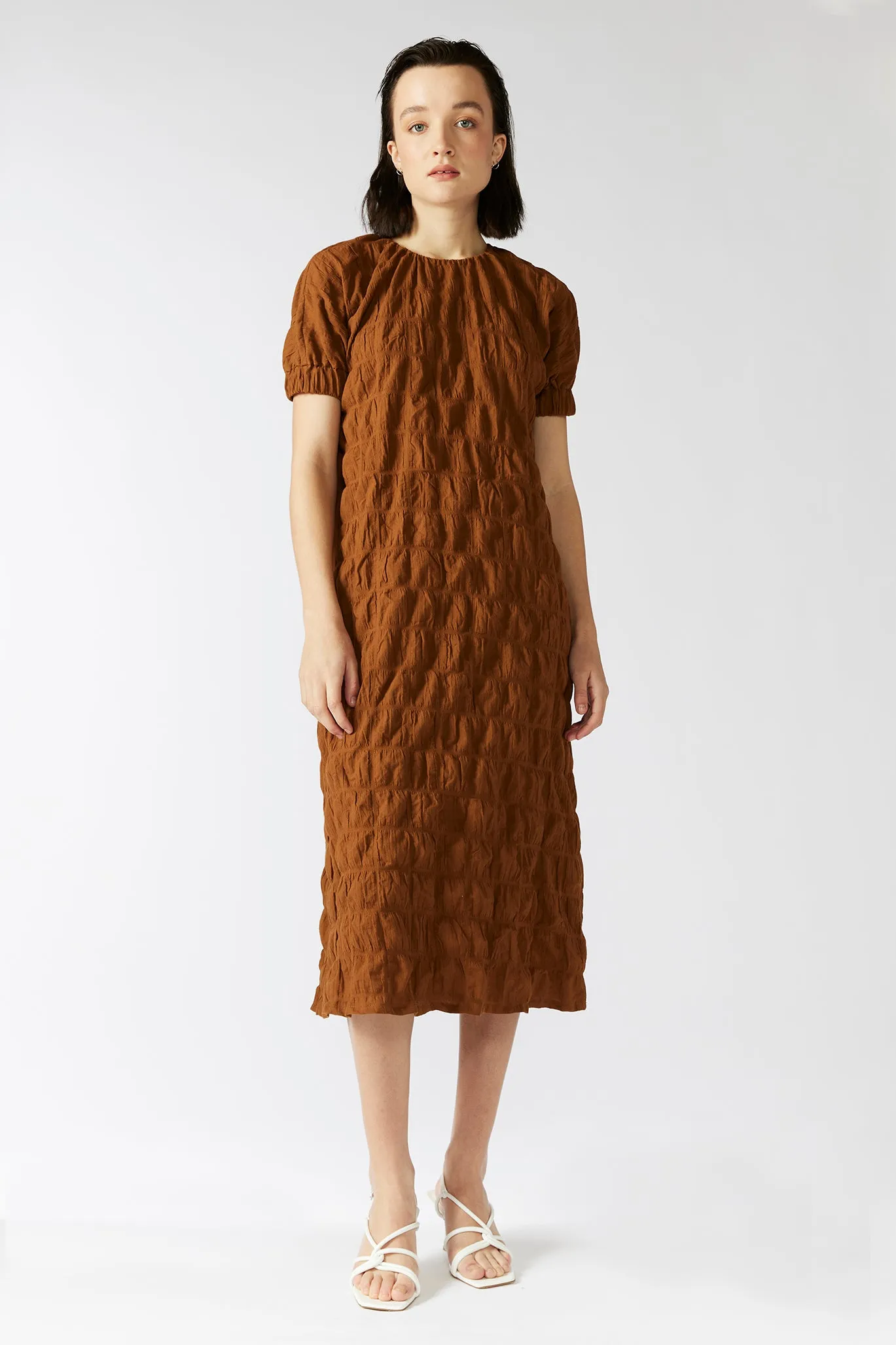 TERRACOTTA DRESS [ Burnt Orange Cotton, Short Sleeves ]